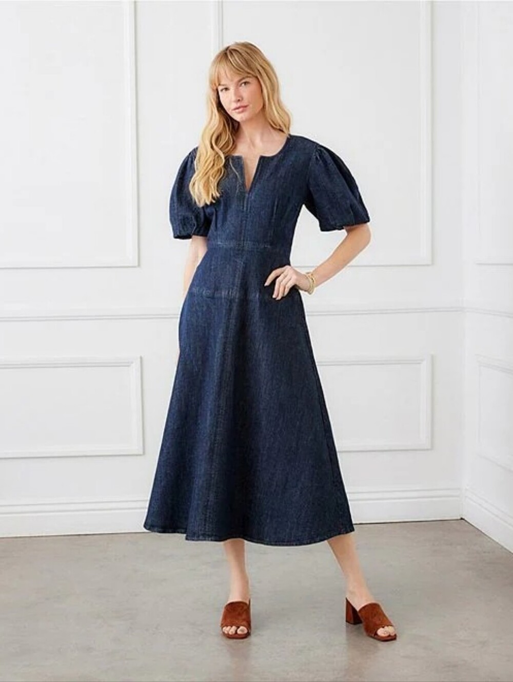 Karen Kane Sun Dazed Denim Split V-Neck Short Puff Sleeve A-Line Midi Dress